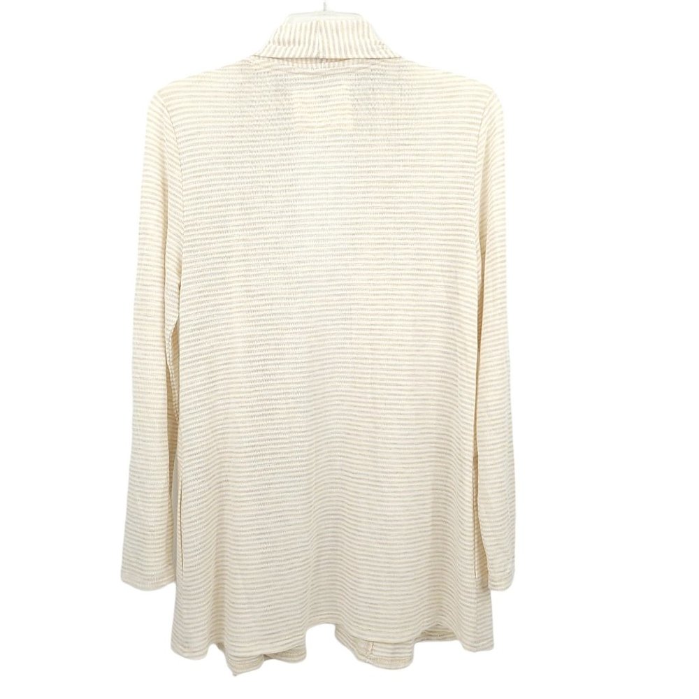 Cupio Open Front Cardigan Sweater Size M Slash Pockets Beige Brown Stripe - Picture 2 of 9